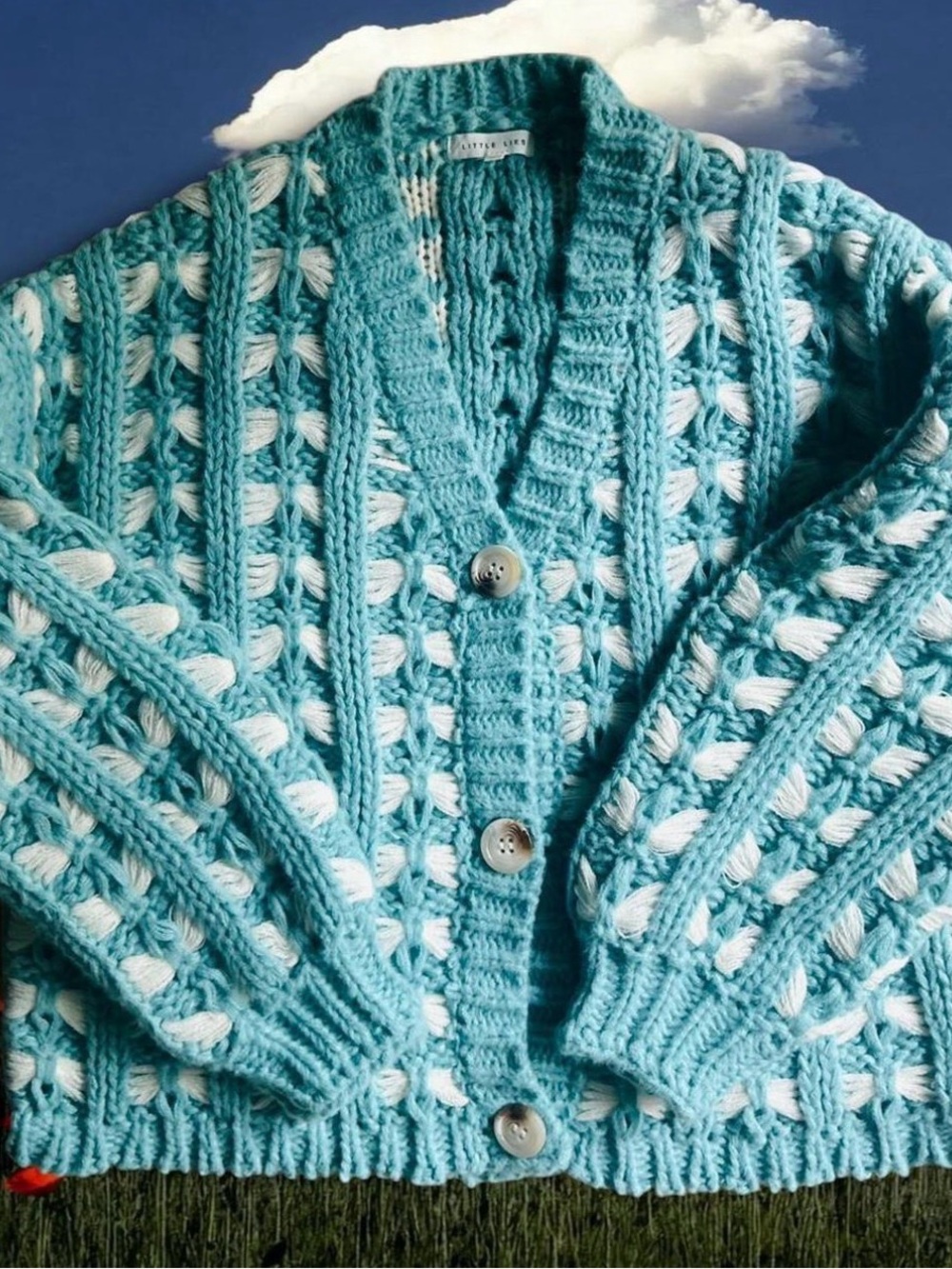 Knitted Turquoise & White Button-Front Women’s Cardigan